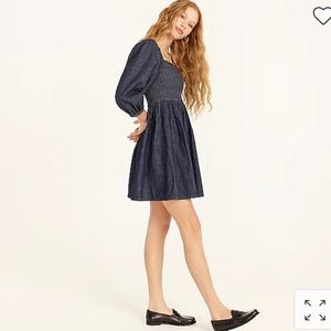 JCREW Smocked Puff-Sleeve Dress in Chambray Denim - SZ M